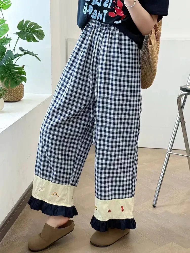 ASAYA Celana panjang wanita model kaki lebar motif kotak