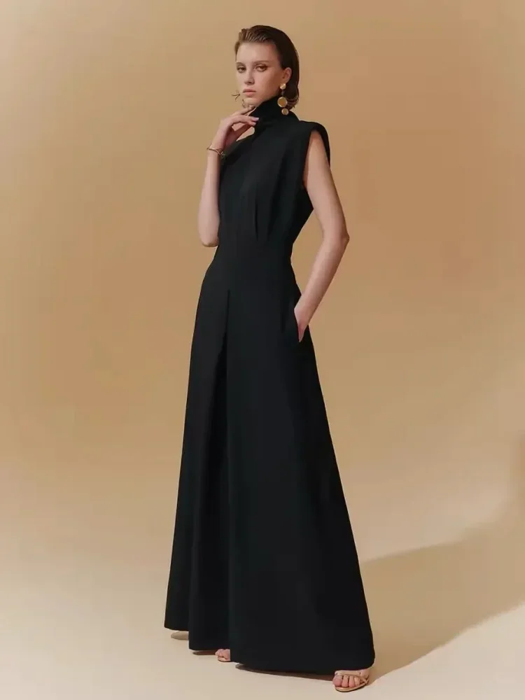 FADFAD Jumpsuit mewah warna solid tanpa lengan dan model celana kaki lebar