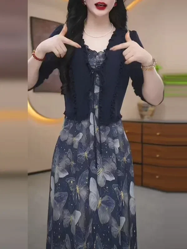 FADFAD Setelan dua potong atasan motif bunga lengan tiga perempat dengan gaun panjang bewarna polos untuk wanita