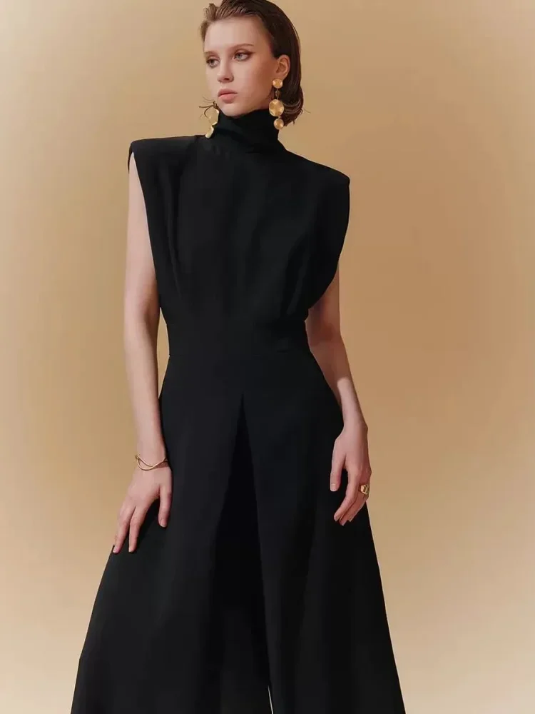 FADFAD Jumpsuit mewah warna solid tanpa lengan dan model celana kaki lebar