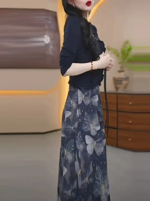 FADFAD Setelan dua potong atasan motif bunga lengan tiga perempat dengan gaun panjang bewarna polos untuk wanita