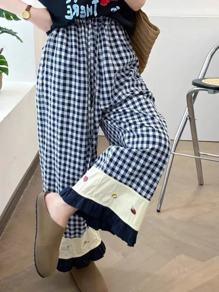 ASAYA Celana panjang wanita model kaki lebar motif kotak
