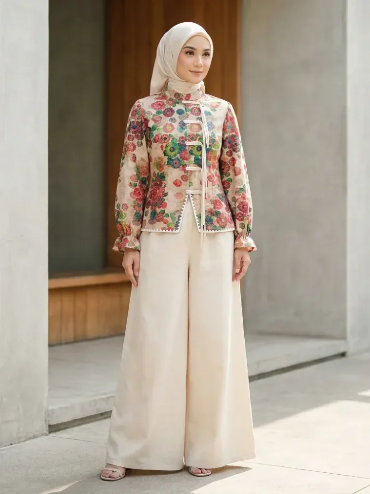 ASAYA Setelan wanita dengan lengan bell dan resleting buatan tangan bergaya minimalis warna solid