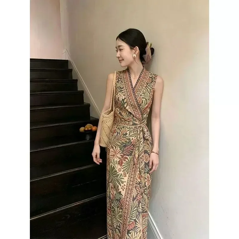 FADFAD Gaun panjang elegan bergaya retro leher v tanpa lengan modis