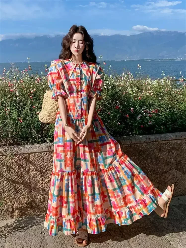 CHICMORE Dress lengan 3/4 berkerah dengan motif garis dan bunga manis