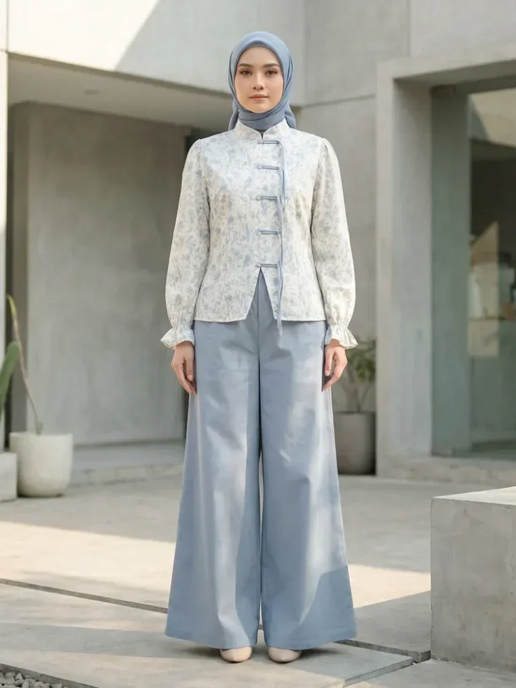 ASAYA Setelan wanita dengan lengan bell dan resleting buatan tangan bergaya minimalis warna solid
