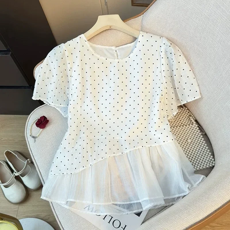 CHICMORE Atasan kemeja lengan pendek motif polkadot gaya modis baru untuk wanita