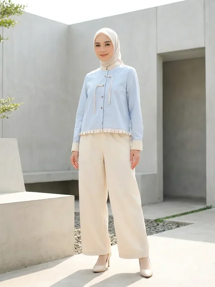 ASAYA Setelan dua potong kemeja bergaris lengan panjang manis wanita, kemeja leher bulat wanita, dan celana panjang
