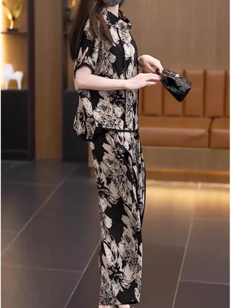 FADFAD Setelan wanita dua potong atasan lengan pendek gaya retro dan celana panjnag longgar motif cetak