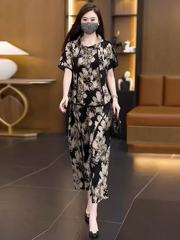 FADFAD Setelan wanita dua potong atasan lengan pendek gaya retro dan celana panjnag longgar motif cetak