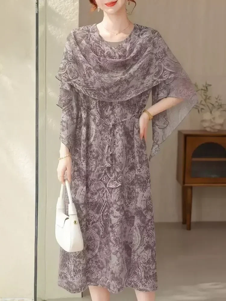 FADFAD Gaun midi motif cetak model luxury untuk wanita dewasa