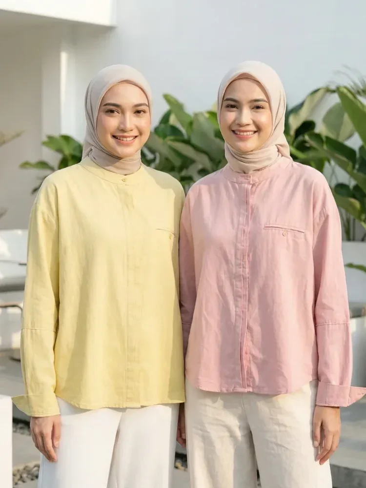 ASAYA Atasan kemeja longgar lengan panjang modis untuk wanita