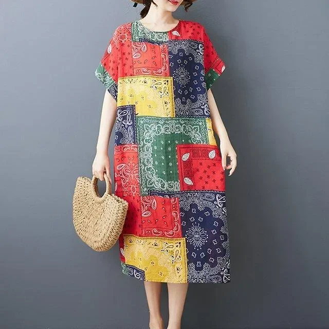 ASAYA Gaun lengan pendek bermotif print dengan gaya kasual untuk wanita