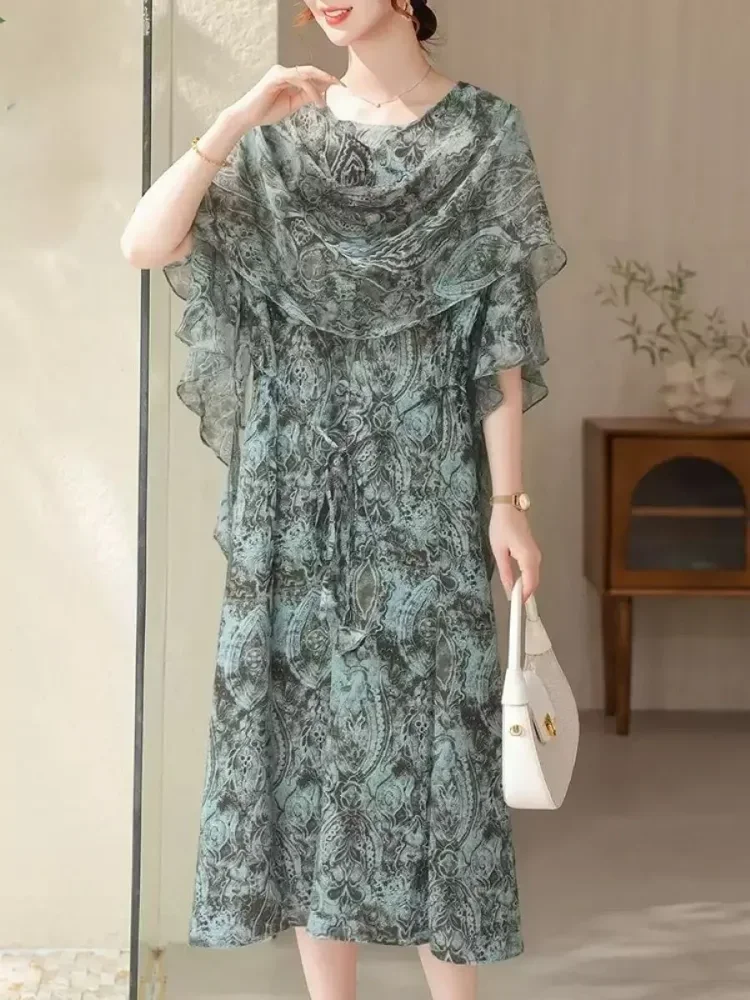 FADFAD Gaun midi motif cetak model luxury untuk wanita dewasa