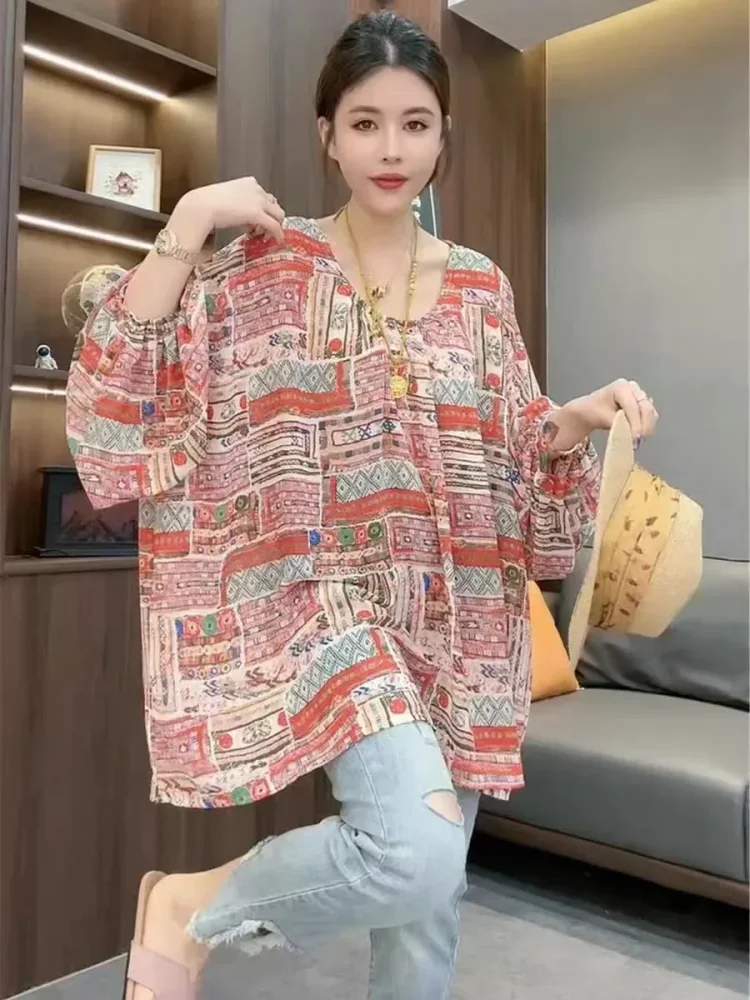 ASAYA Blouse gaya longgar motif cetak baru dengan kerah bulat manis dan lengan panjang