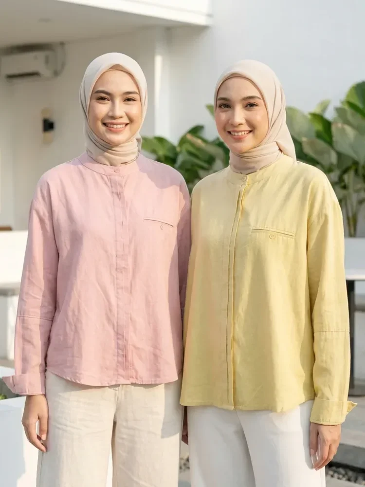 ASAYA Atasan kemeja longgar lengan panjang modis untuk wanita