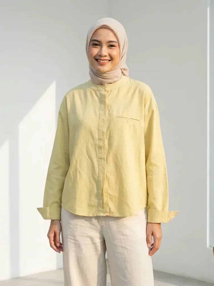 ASAYA Atasan kemeja longgar lengan panjang modis untuk wanita