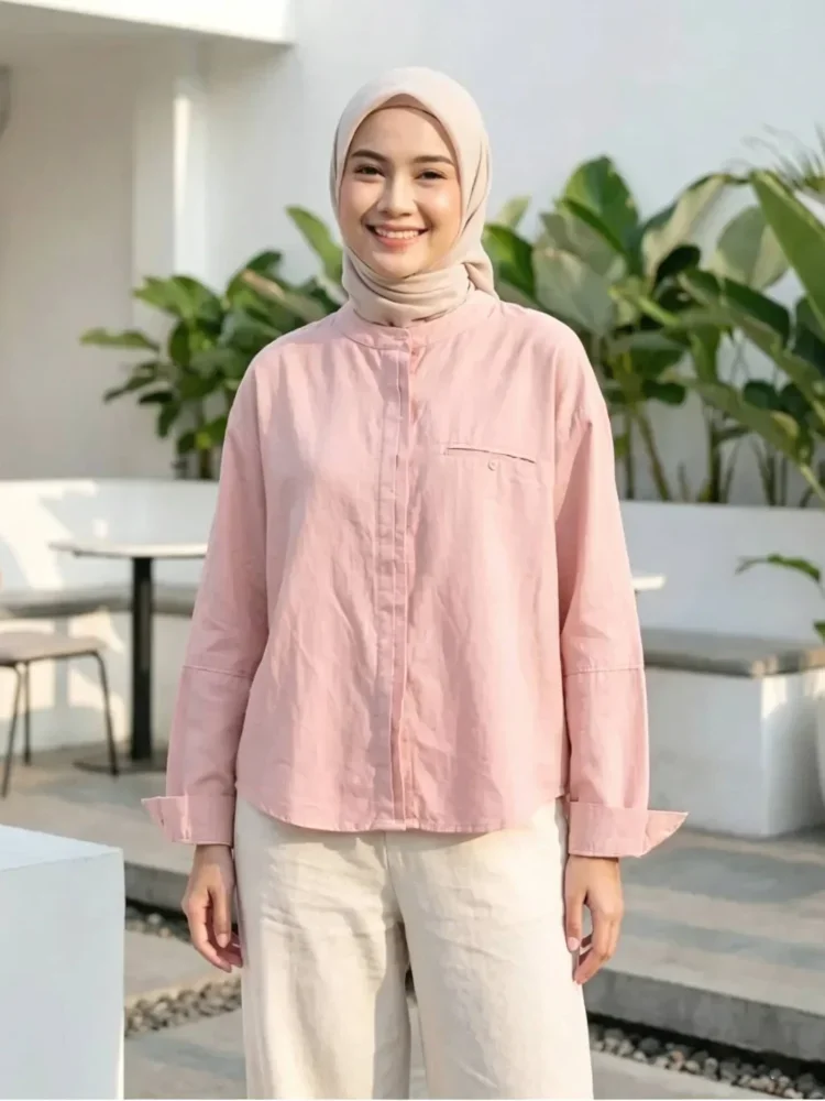 ASAYA Atasan kemeja longgar lengan panjang modis untuk wanita