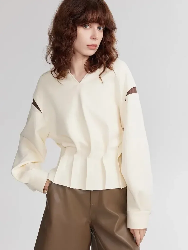 CHICMORE Blouse warna solid dengan kerah notched lengan panjang wanita kelas atas