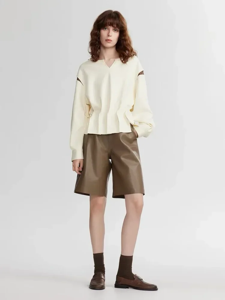 CHICMORE Blouse warna solid dengan kerah notched lengan panjang wanita kelas atas