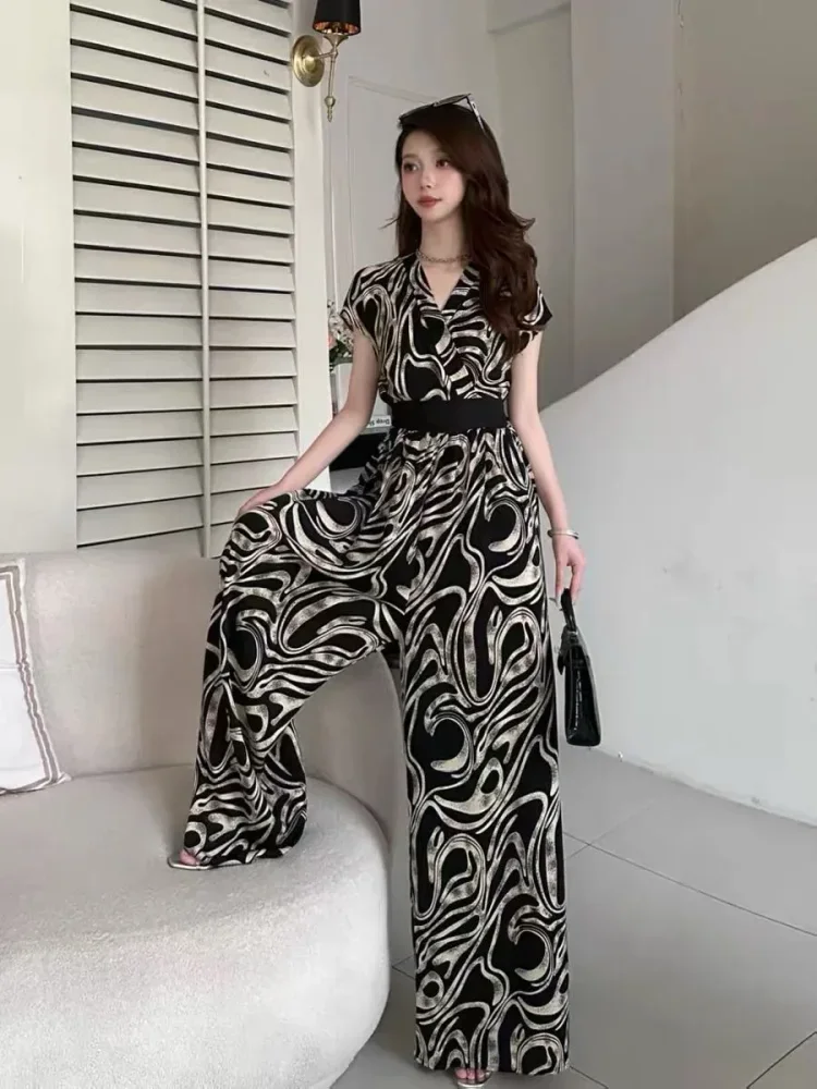 FADFAD Jumpsuit wanita kelas atas motif cetak unik dengan lengan pendek bergaya trendi