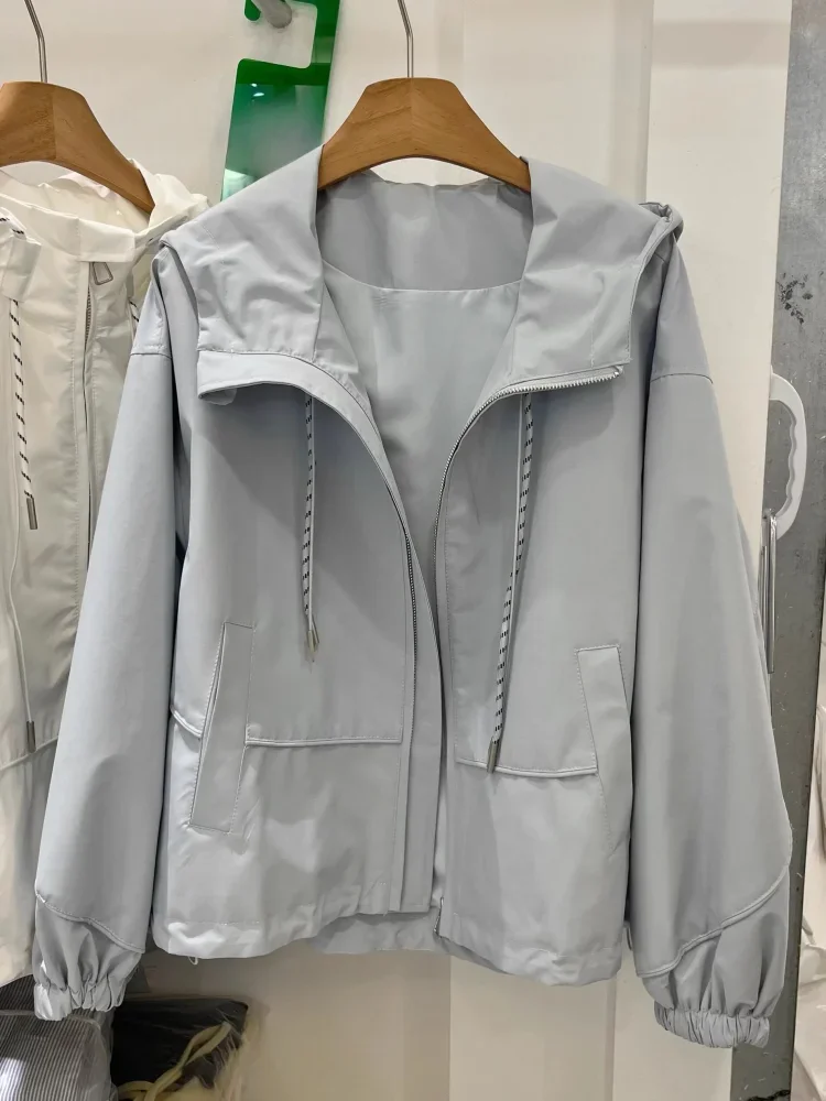 CHICMORE Jaket windbreaker dengan hoodie tali serut kasual chic