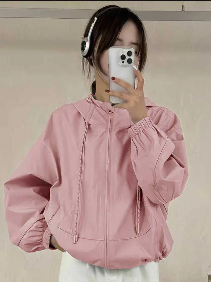 CHICMORE Jaket windbreaker dengan hoodie tali serut kasual chic