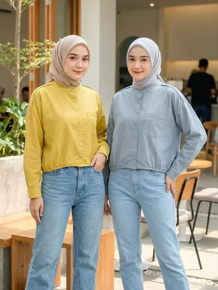 ASAYA Atasan kemeja warna polos dengan kerah bulat kancing unik dan aktif