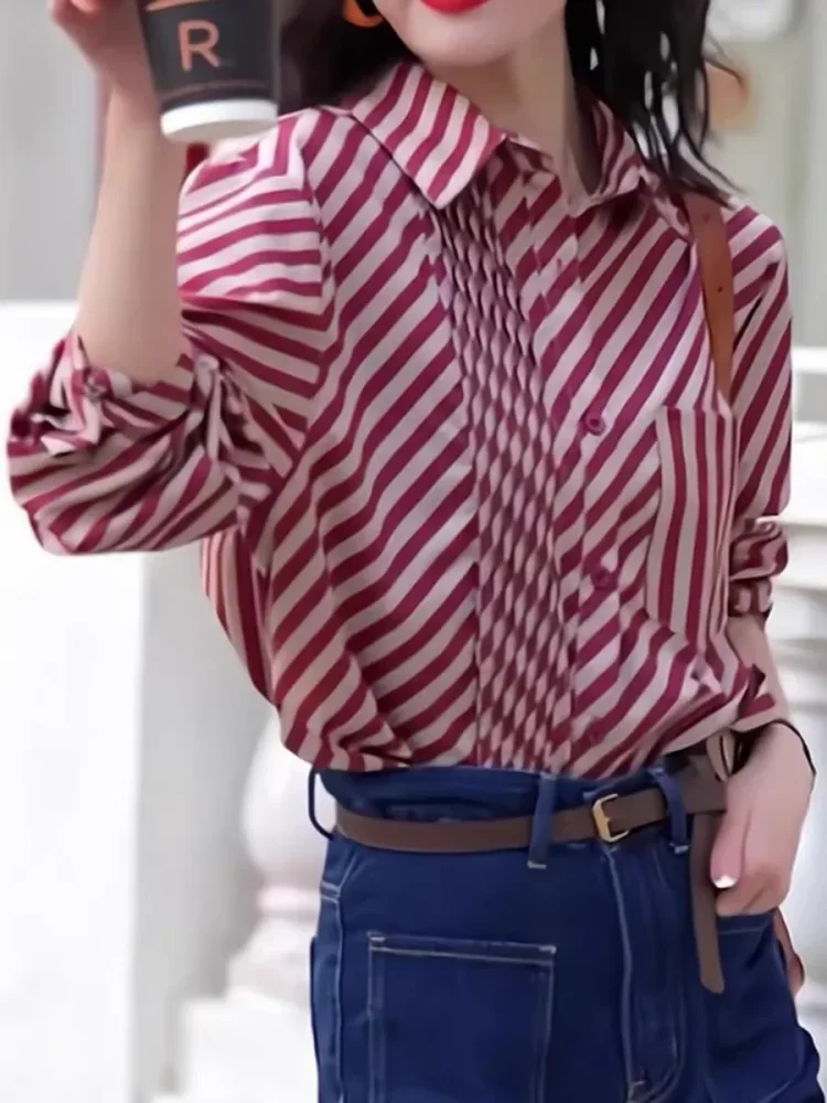 [DISKON KILAT]FADFAD Atasan kemeja desain retro bergaris merah untuk wanita