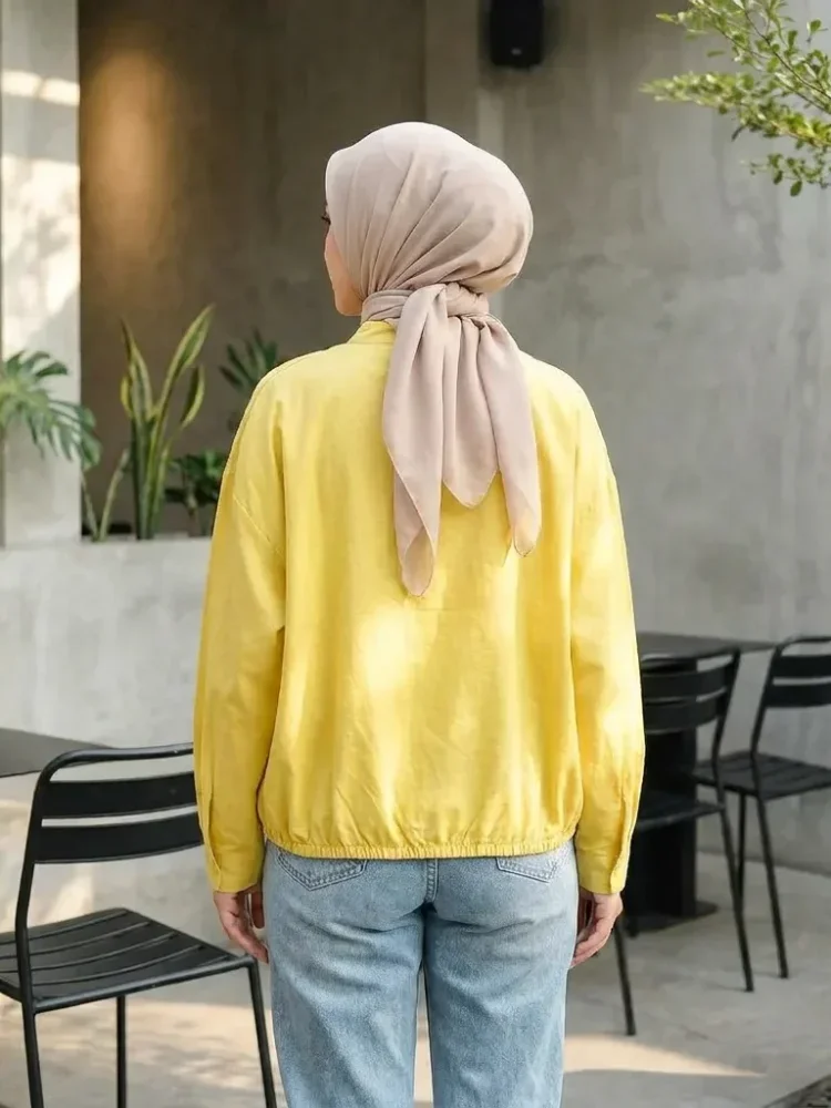 ASAYA Atasan kemeja warna polos dengan kerah bulat kancing unik dan aktif