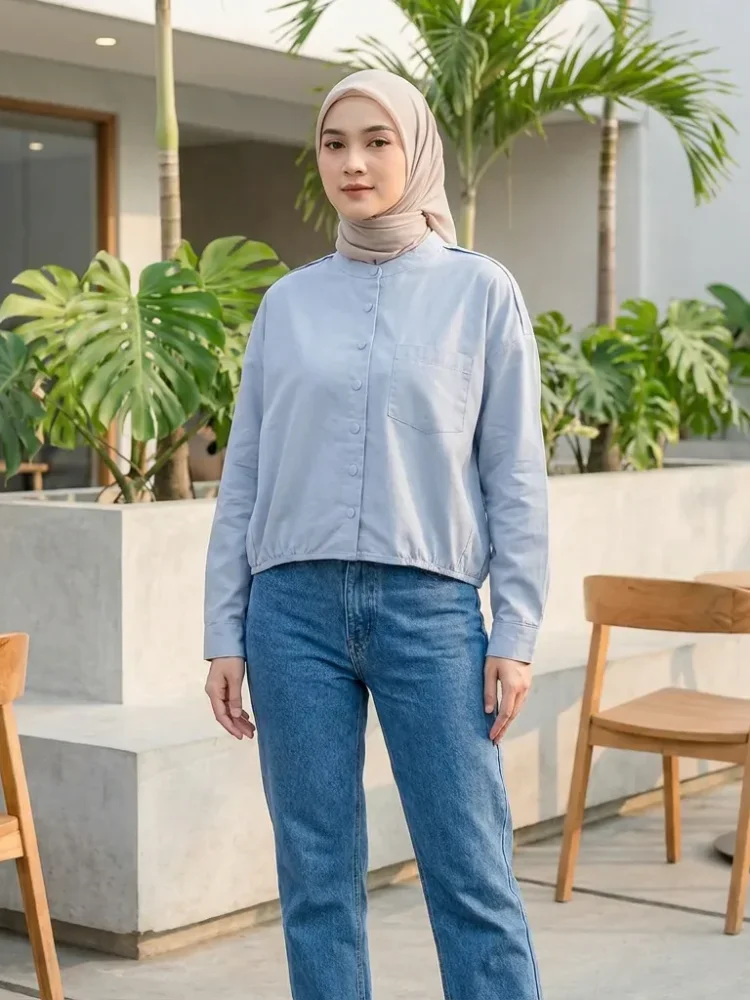 ASAYA Atasan kemeja warna polos dengan kerah bulat kancing unik dan aktif