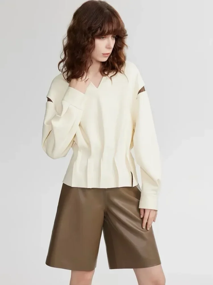 CHICMORE Blouse warna solid dengan kerah notched lengan panjang wanita kelas atas