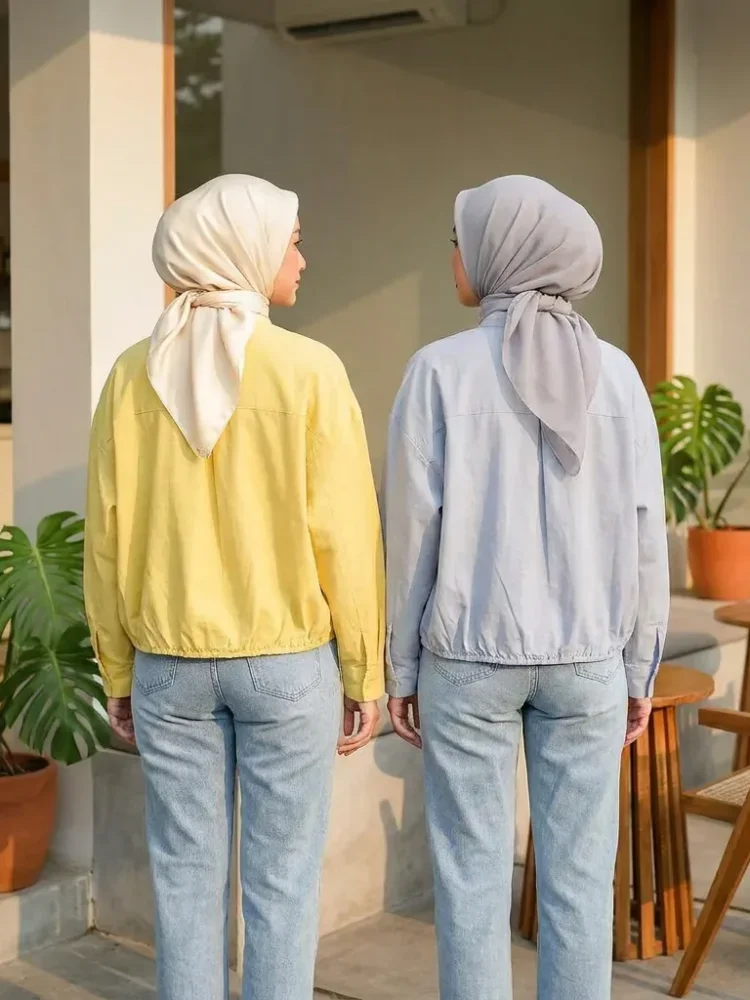 ASAYA Atasan kemeja warna polos dengan kerah bulat kancing unik dan aktif