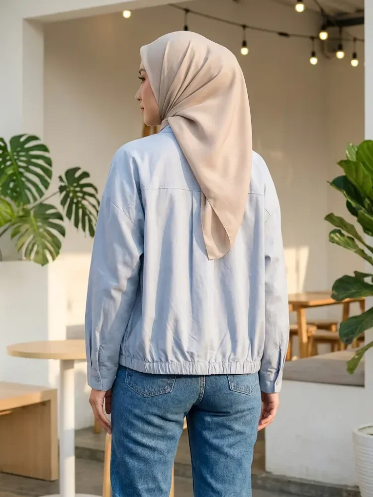 ASAYA Atasan kemeja warna polos dengan kerah bulat kancing unik dan aktif