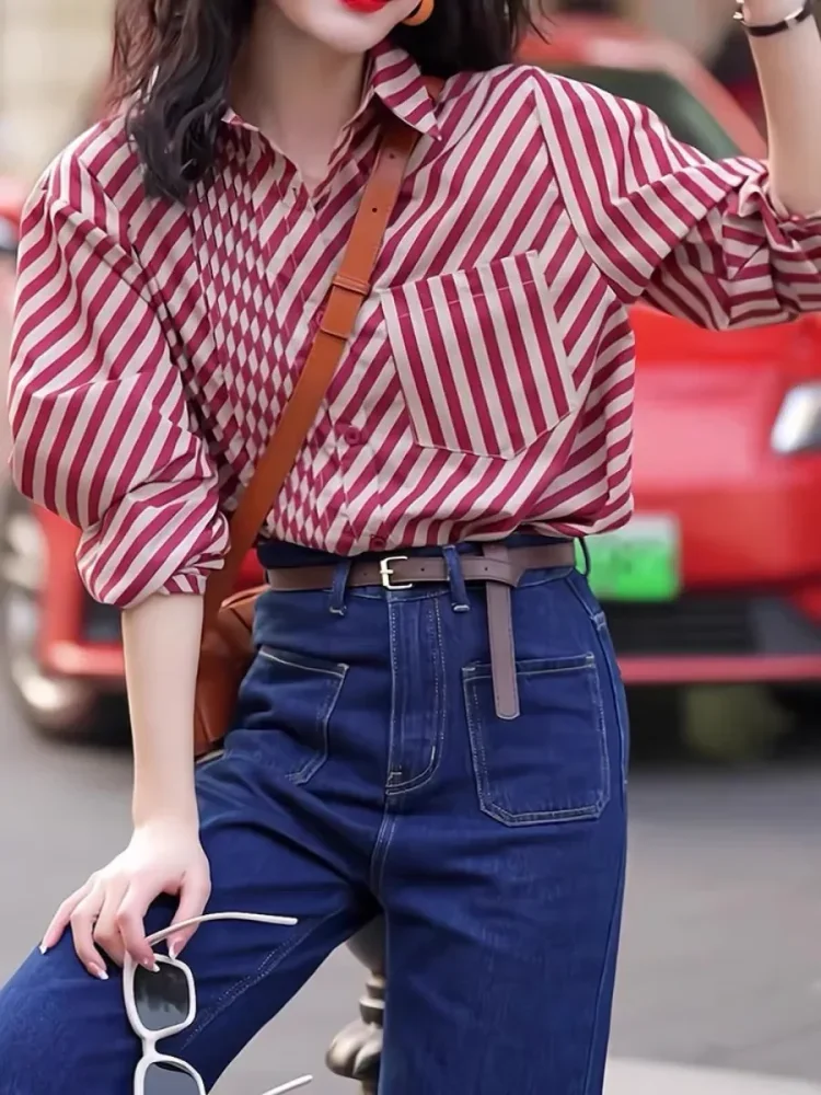 [DISKON KILAT]FADFAD Atasan kemeja desain retro bergaris merah untuk wanita