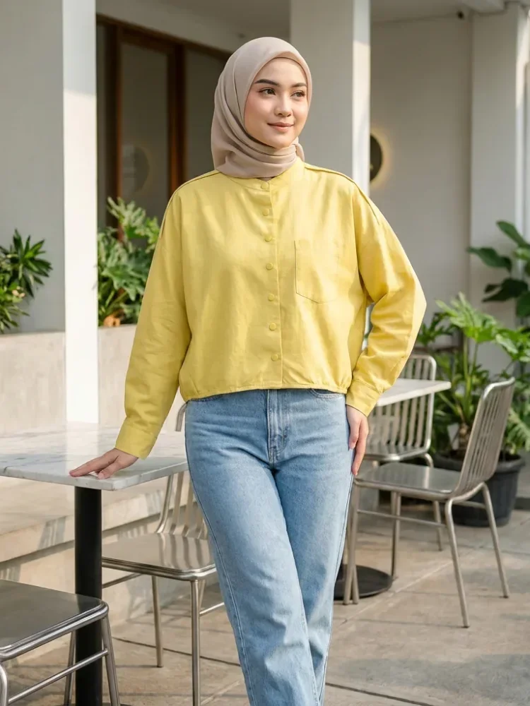 ASAYA Atasan kemeja warna polos dengan kerah bulat kancing unik dan aktif