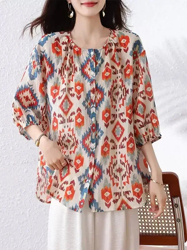 ASAYA Atasan gaya retro kerah v model longgar motif cetak untuk wanita