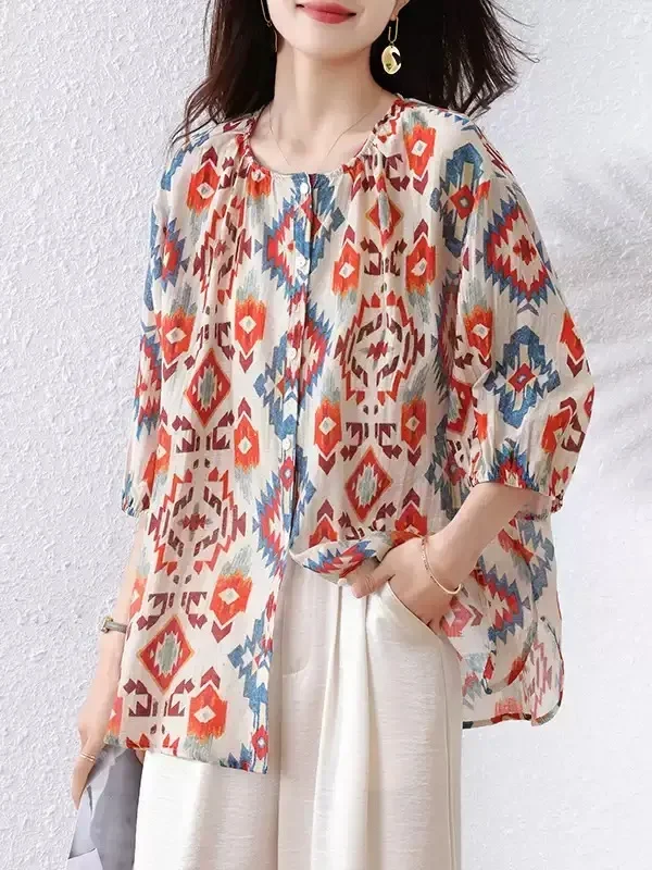 ASAYA Atasan gaya retro kerah v model longgar motif cetak untuk wanita