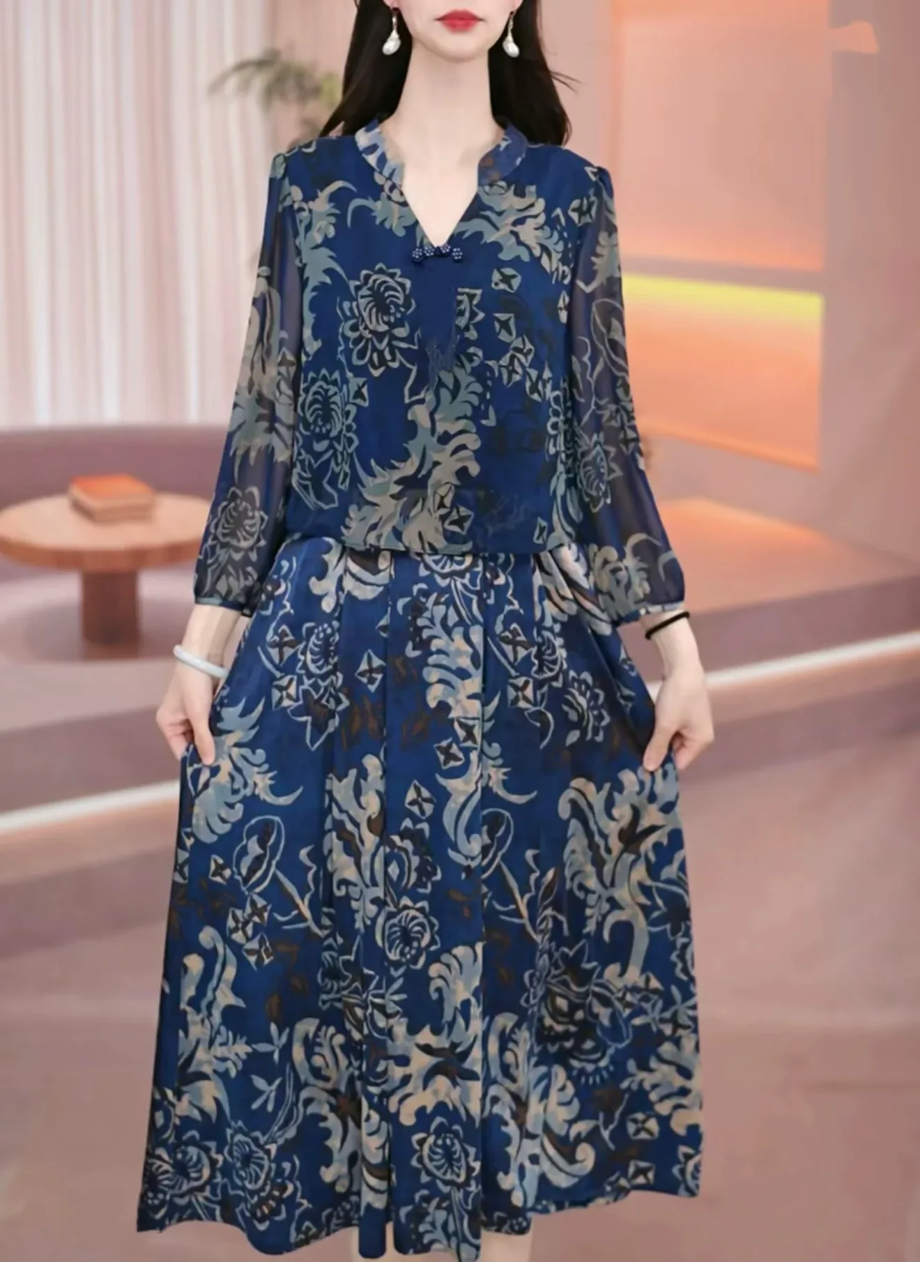 FADFAD Gaun midi lengan panjang model dua potong palsu motif cetak gaya elegan kerah v neck