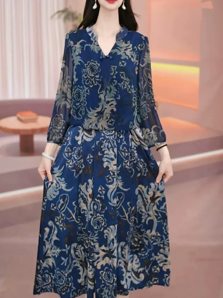 FADFAD Gaun midi lengan panjang model dua potong palsu motif cetak gaya elegan kerah v neck