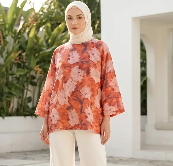 ASAYA Atasan wanita berkerah bulat lengan kelelawar motif bergaya retro untuk wanita.