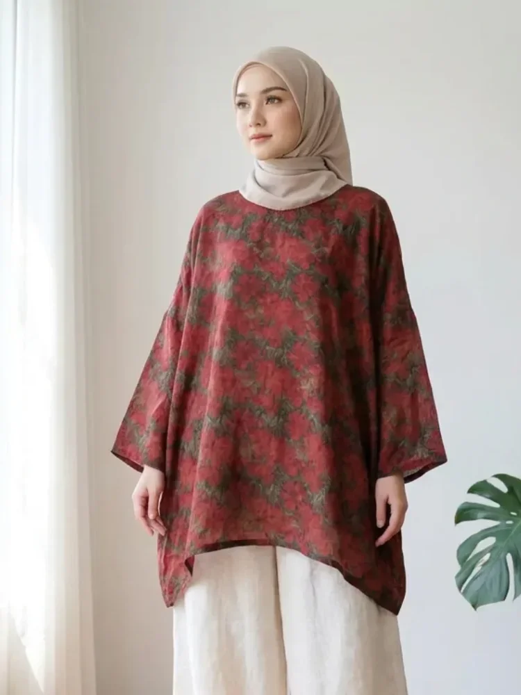 ASAYA Atasan wanita berkerah bulat lengan kelelawar motif bergaya retro untuk wanita.