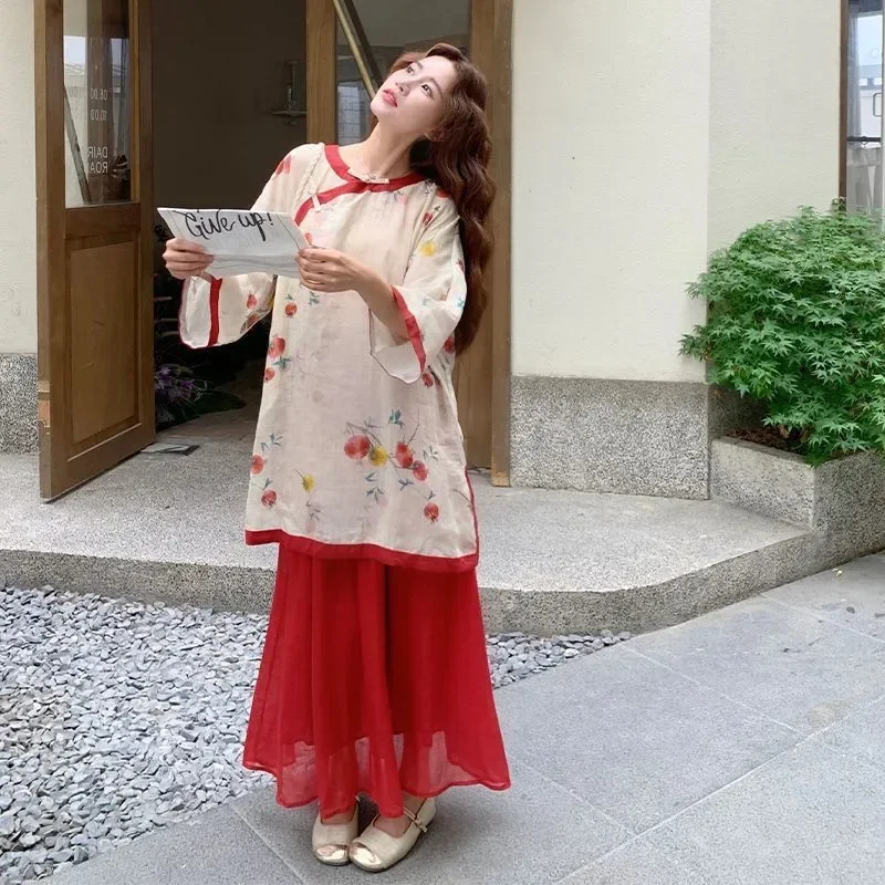 CHICMORE Setelan dua potong model longgar dengan gaya retro atasan motif bunga dan rok wanita
