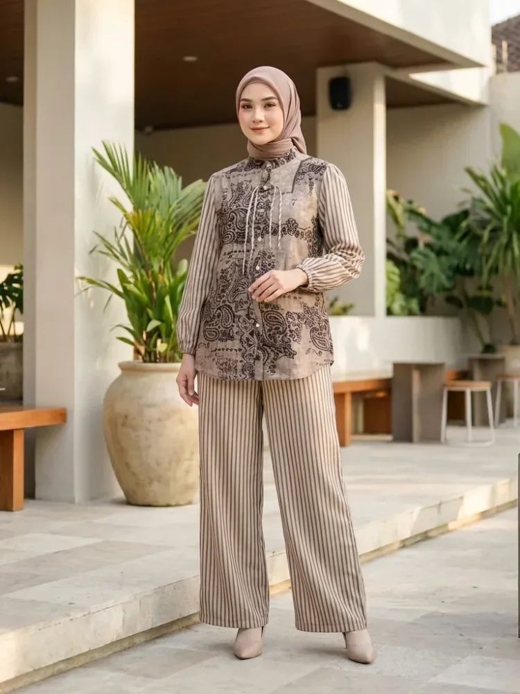 ASAYA Kemeja lengan panjang wanita dengan cetakan serbaguna dan kombinasi garis, setelan longgar dengan celana panjang bergaris
