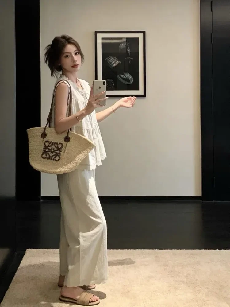 CHICMORE Setelan dua potong atasan tanpa lengan dengan tali pita cantik dan celana panjang kaki lebar