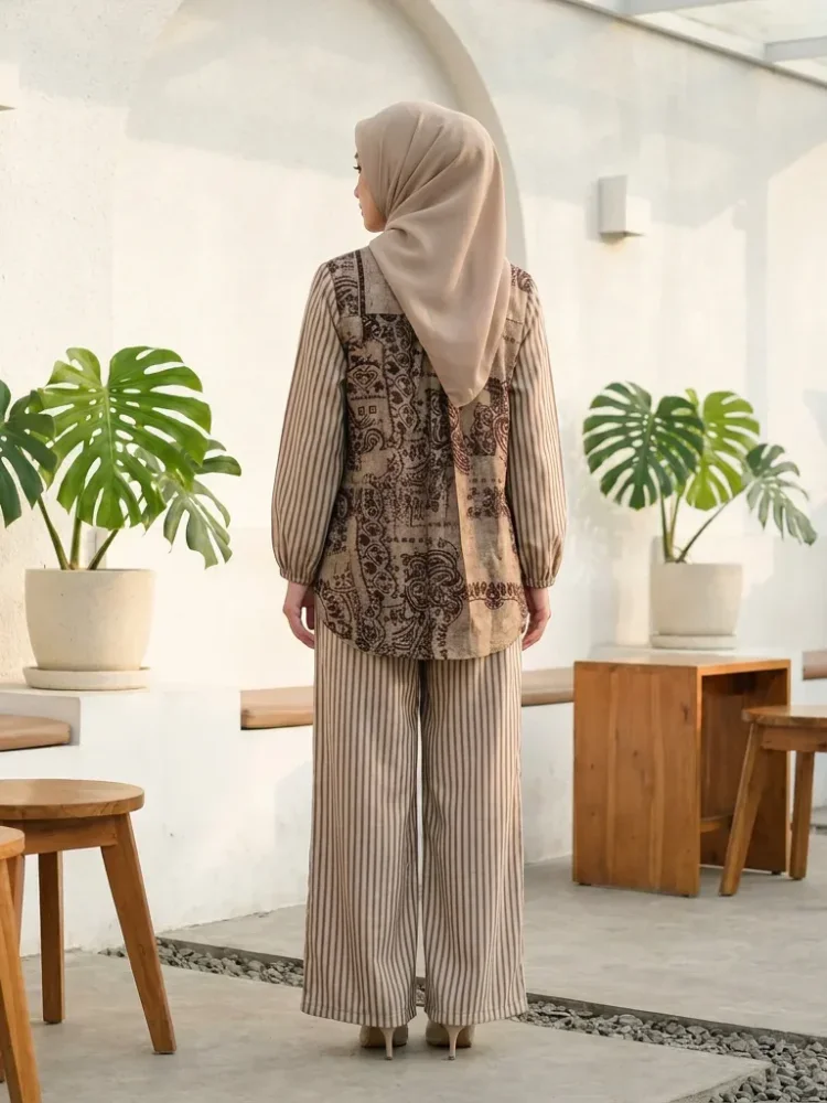 ASAYA Kemeja lengan panjang wanita dengan cetakan serbaguna dan kombinasi garis, setelan longgar dengan celana panjang bergaris