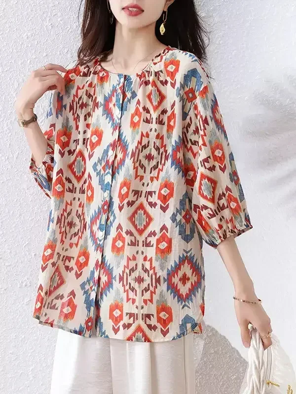 ASAYA Atasan gaya retro kerah v model longgar motif cetak untuk wanita