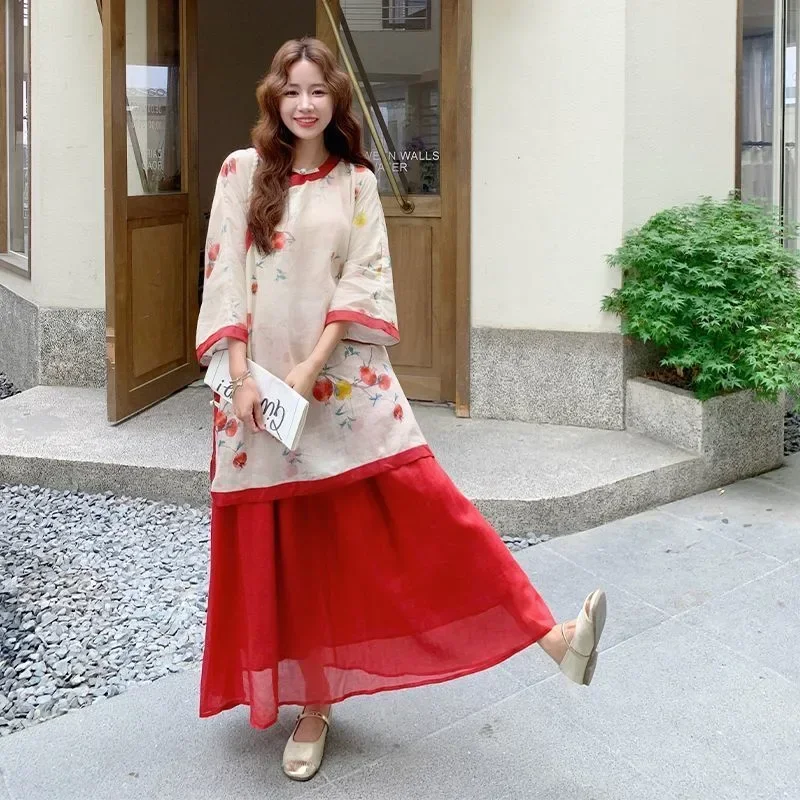 CHICMORE Setelan dua potong model longgar dengan gaya retro atasan motif bunga dan rok wanita