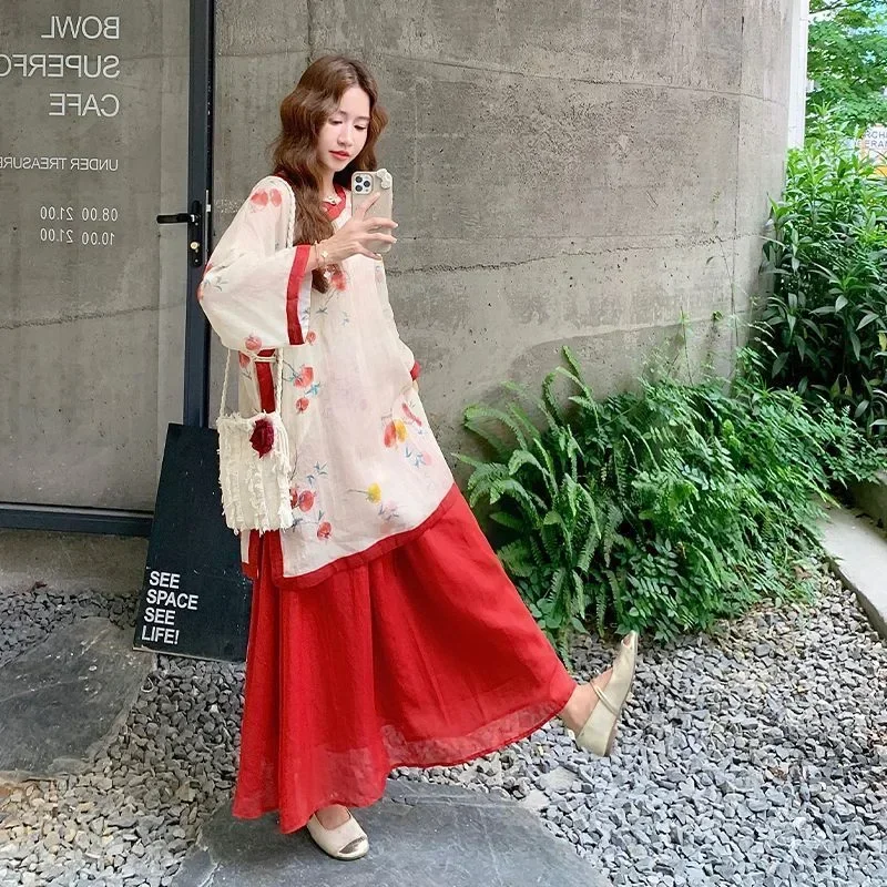 CHICMORE Setelan dua potong model longgar dengan gaya retro atasan motif bunga dan rok wanita