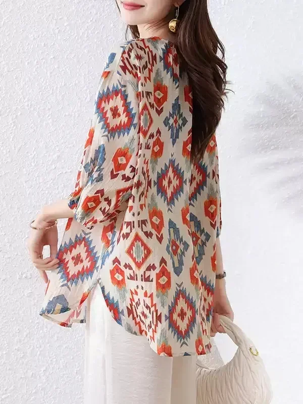 ASAYA Atasan gaya retro kerah v model longgar motif cetak untuk wanita